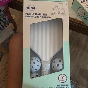 Blue and white striped pickle ball set